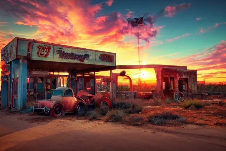 Image similar to a sunset light landscape with historical route 6 6, lots of sparkling details and sun ray ’ s, blinding backlight, smoke, volumetric lighting, colorful, octane, 3 5 mm, abandoned gas station, old rusty pickup - truck, beautiful epic colored reflections, very colorful heavenly, softlight