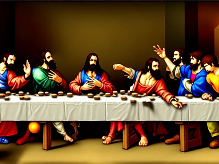 Image similar to smash bros renaissance painting of the last supper with nintendo consoles and game boxes piled everywhere