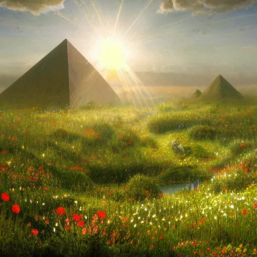 Image similar to rhythmic interval tectonic surfaces as resonant waves of harmonic organic mystical megastructure crystal lattice pyramid architectures exploding with light and god rays in a meadow full of wildflowers by albert bierstadt, by glen small, by giovanni battista piranesi, photorealistic, god rays, octane render, depth of field, volumetric light, volumetric fog, holy spirit