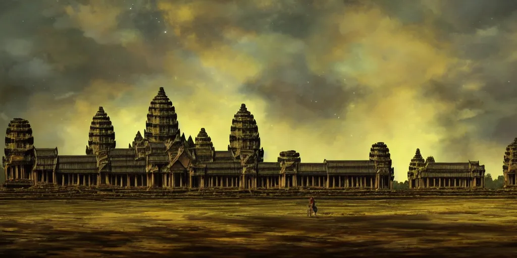 Image similar to fantasy oil painting, mega structure city of angkor wat, fantasy, colossal, gate, looming, small buildings, warm lighting, street view, silhouetted figure standing overlooking, space port city, epic, distant mountains, bright clouds, luminous sky, cinematic lighting, michael cheval, david palladini, artstation, oil painting, vray, 8 k hd