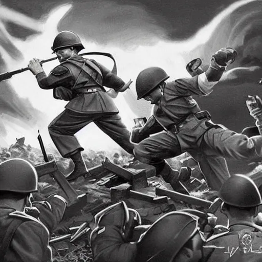 Image similar to pikachu fighting stalin in ww 2 uniform and a mustache, fighting in world war 2, photorealistic, high detail, realistic, sharp focus, smooth edges, soldiers in the background! black & white!, dramatic, sky on fire with dogfights in the sky. wide angle. painting by eugene de lacroix