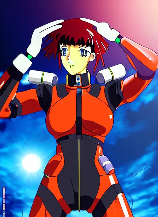 Image similar to Portrait of a female mech pilot in a latex bodysuit, 90s anime, cel-shaded, highly detailed, dramatic background, complementary lighting, poster