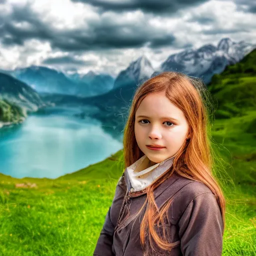 Image similar to a beautiful photograph of a girl with switzerland landscape in the background with trees, hdr, 8 k, high quality, sharp focus, artstation, highly detailed, award - winning, dramatic lighting, beautiful clouds, and nature, digital art