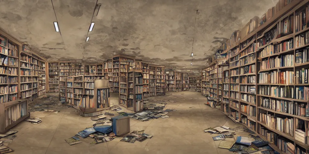 Image similar to eerie abandoned bookstore in the mall at night, anime!, scattered books on the floor, blue lighting, award - winning photorealistic digital art