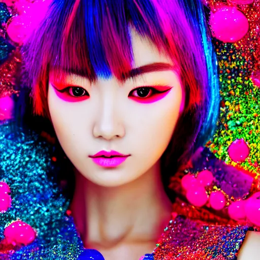 Image similar to japanese model with maximalist hair style and makeup, bright colors, fashion model, portrait shot, glitter, depth of field, 8 k, hyper detailed, intricate, trending on artstation