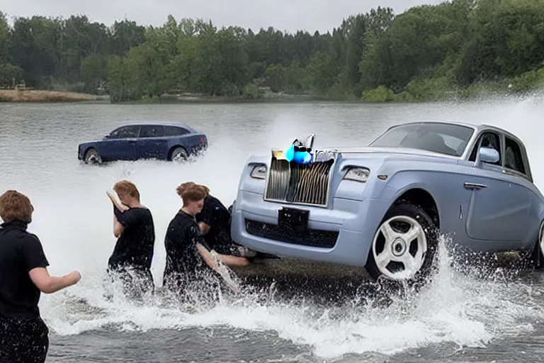 Image similar to Group of teenagers push Rolls-Royce into lake from small slide