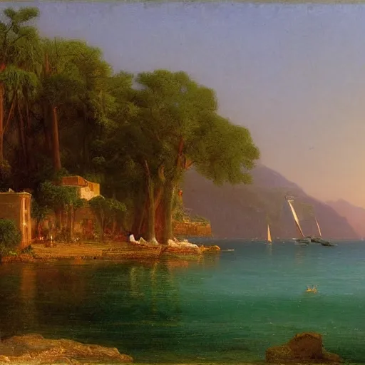 Prompt: scenic view of a Mediterranean small harbor, overcast dawn, painting by albert bierstadt thomas cole craig mullins