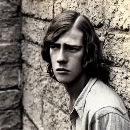 Image similar to Still of a color movie set in the 1930s where a young man with long hair is backed against a stone wall looking utterly panicked and distressed