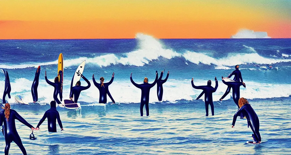 Image similar to worshippers in robes belonging to the cult of the surfers, surfing in waves, standing on surfboards, surfing inside one large barreled wave, high detailed colors, blue