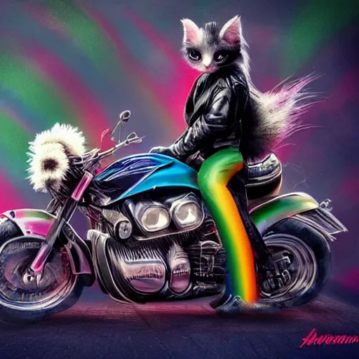 Image similar to wide angle full body, jacket wearing fluffy cute rainbow kitten wearing a black leather motorcycle jacket, riding on a motorcycle, cinematic concept art