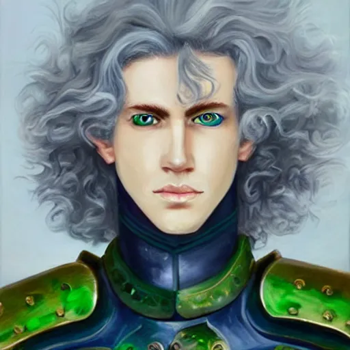 Image similar to oil painting of a beautiful platinum blond curly haired cleanshaven himbo with heterochromia, one blue eye one green eye, wearing heavy armor, d & d fantasy concept art