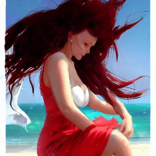 Image similar to beautiful woman with red hair in white sundress on the beach, perfect face, perfect body, eye contact, flirting, smiling, drawn by greg rutkowski