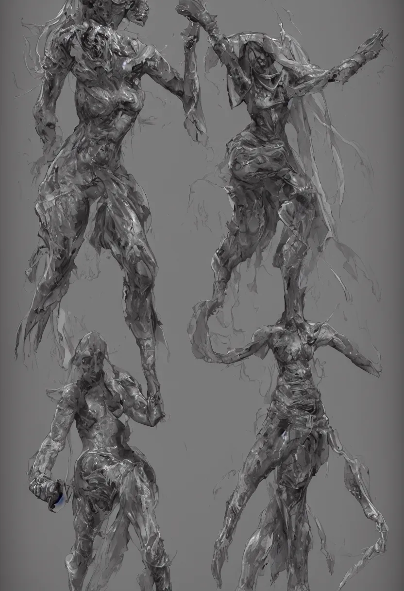 Image similar to callipygian well shaped female ghost fighting a mummy, confident pose, coherent, insane detail, concept art, character concept