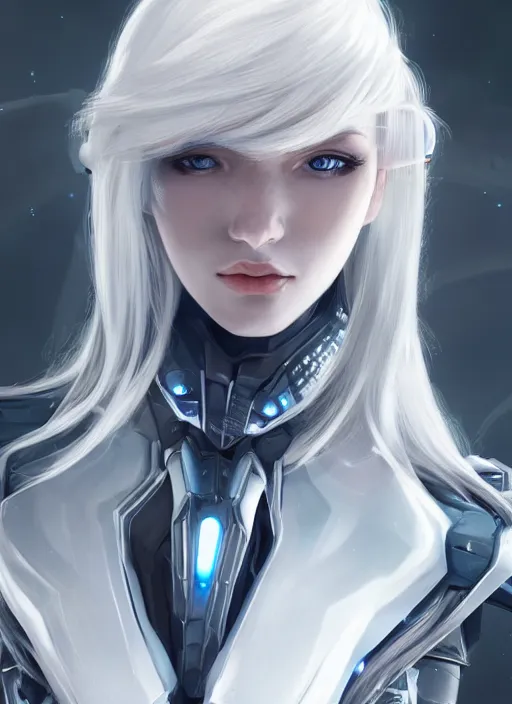 Image similar to detailed portrait of perfect white haired girl, android, warframe armor, beautiful, pretty face, blue cyborg eyes, innocent, scifi, 4 k, sun yunjoo, ultra realistic, aura of light, cinematic lighting, highly detailed, sharp focus, artstation, masterpiece, art by hyungjin yang