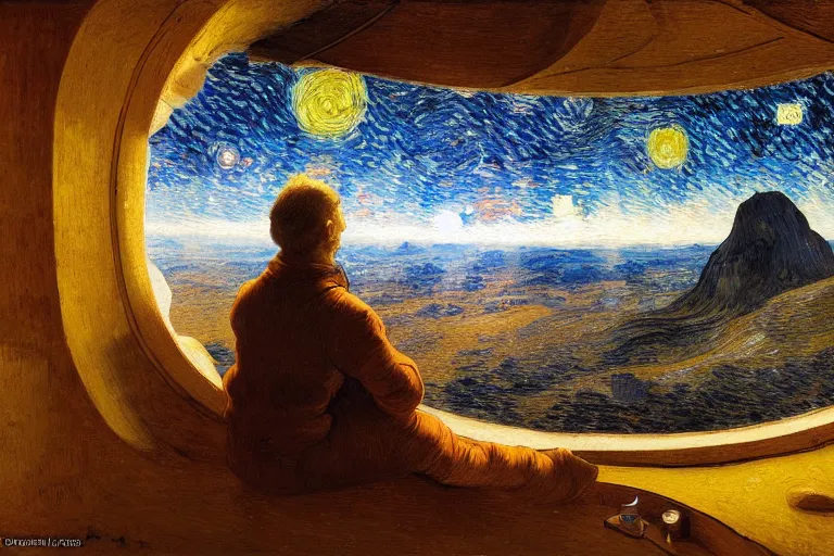 Image similar to a person looking from a window of a space station near Mars, colorful, beautiful, national geographic, very detailed, astrophotography, oil painting, canvas, Vincent van Gogh, Caspar David Friedrich, Theodor Kittelsen, Albert Bierstadt