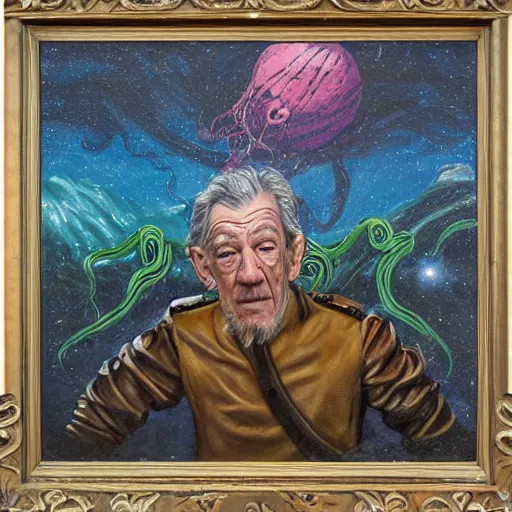 Prompt: painting of ian mckellen as terrorist from jupiter fighting an alien invasion in deep space, the aliens have long thick slimey amorphous tentacles, highly detailed, award painting, 8 k, alien landscape