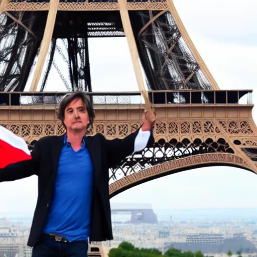 Image similar to Richard Hammond holding up the flag of america on top of the eiffel tower