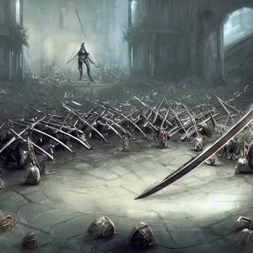 Prompt: a pile of swords in an arena, fantasy, digital art, by artgerm and greg rutkowski