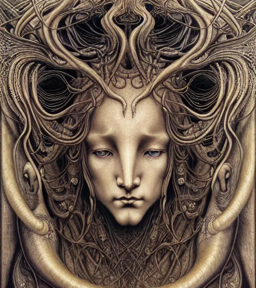 Image similar to detailed realistic beautiful coyote goddess face portrait by jean delville, gustave dore, iris van herpen and marco mazzoni, art forms of nature by ernst haeckel, art nouveau, symbolist, visionary, gothic, neo - gothic, pre - raphaelite, fractal lace, intricate alien botanicals, ai biodiversity, surreality, hyperdetailed ultrasharp octane render