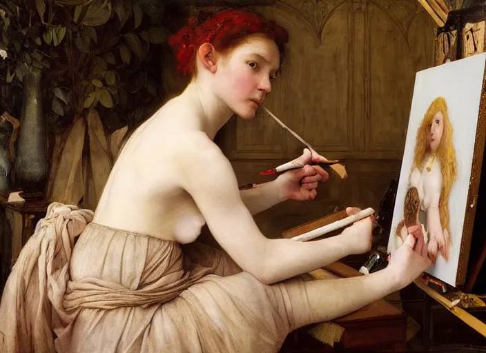 Image similar to a painter in his studio painting a picture of belle delphine by edgar maxence and caravaggio and michael whelan and delacroix style, artistic, intricate drawing, cinematic lighting, hyper realistic, extremely detailed, establishing shot, 8 k resolution, dramatic lighting