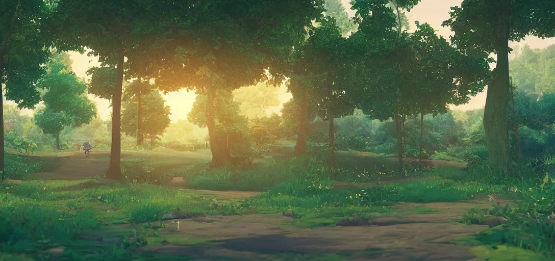 Prompt: Look of Pokemon route 1, full daylight, morning, cartoon moody scene, made in blender, 8k, colorful details of lush nature and tranquility
