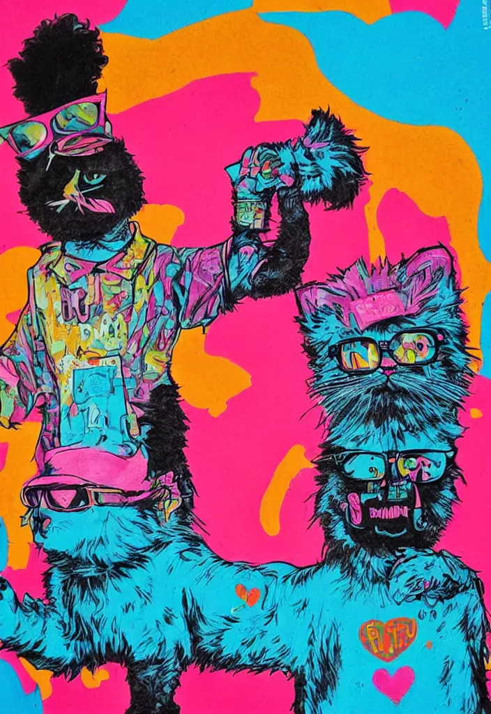 Prompt: fluffy cat t - shirt design, afro comb, by jules julien, alex yanes, monochrome neon spraypaint, ironic hipster hype beast