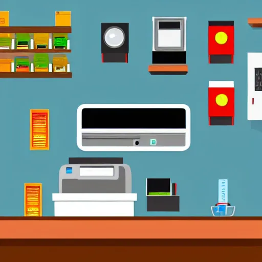 Image similar to cash register in front of a wall of electrical supplies and pluming supplies and food vector art