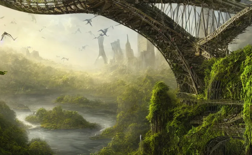 Image similar to an epic landscape view of vines and moss growing on the manhattan bridge, moss, jungle, with pterosaurs flying, close - up, low angle, wide angle, atmospheric, volumetric lighting, cinematic, very realistic, sharp, highly detailed digital art, painted by tyler edlin