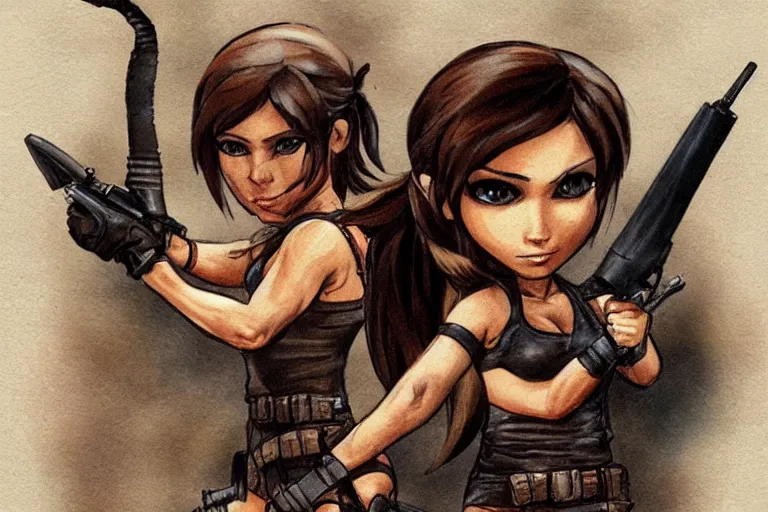 Image similar to Chibi version of Lara Croft in the style of Boris Vallejo