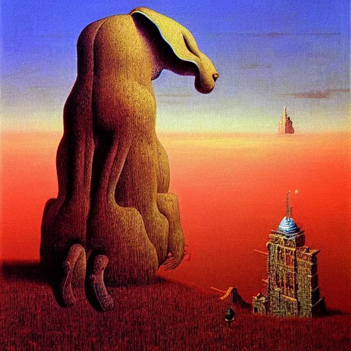 Image similar to a giant rabbit stands over a city painting by beksinski, by larry elmore, dali colors. masterpiece painting