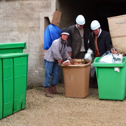 Prompt: feudal serfs sorting through recycling