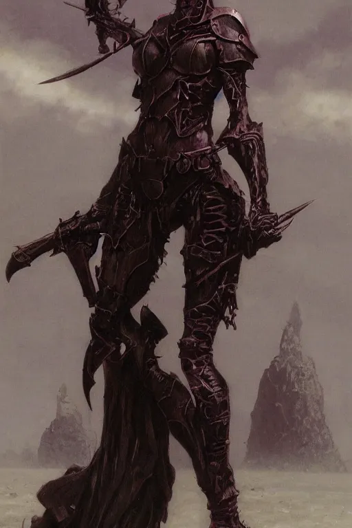 Prompt: Gothic girl in bikini armor, dark fantasy, artstation, painted by Wayne Barlowe, Zdislav Beksinsk