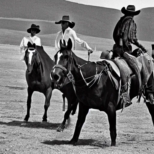 Prompt: Cowboy Christian Bale is leading the horses towards the ranch, 1980 style photography