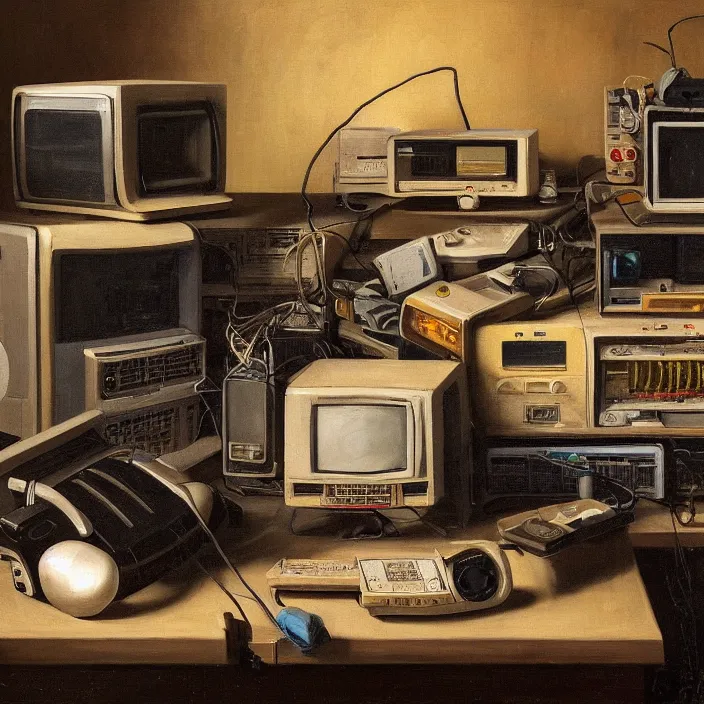 Image similar to still life painting of a retro electronics supercomputer workstation by pieter claesz, oil on canvas, blade runner vibes, strong lighting, highly detailed, hyper realism, golden hour, god rays, hd, 4 k