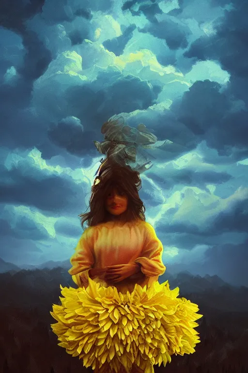 Image similar to closeup girl with huge yellow dahlia flower face, intricate, standing on mountain, surreal photography, blue storm clouds, dramatic light, impressionist painting, digital painting, artstation, simon stalenhag