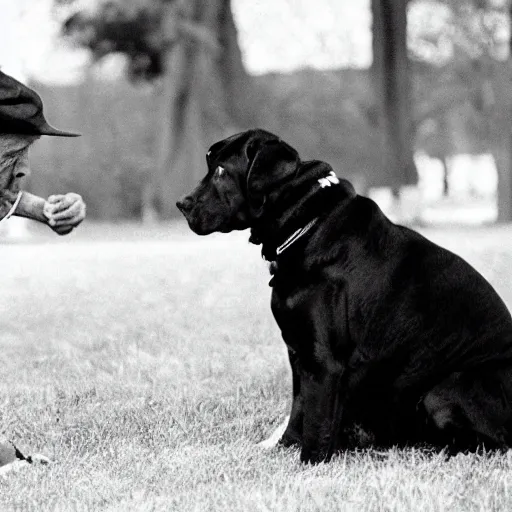 Prompt: film still from the 1995 movie 'My Dog Is A Psychopath'. The owner confront his crazy dog. Sigma 85mm f/8