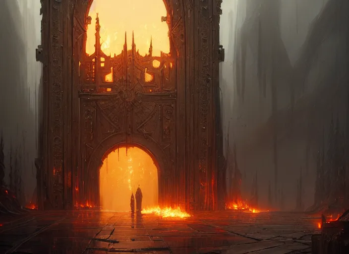 Image similar to huge gate, environment, illustration, fire, smoky, colors, epic scene, fantasy art by greg rutkowski, symmetrical, golden raito, high quality, intricate details, details, intricate, atmosphere, highly detailed, matte painting, cinematic, deviantart, realistic, concept art, 4 k