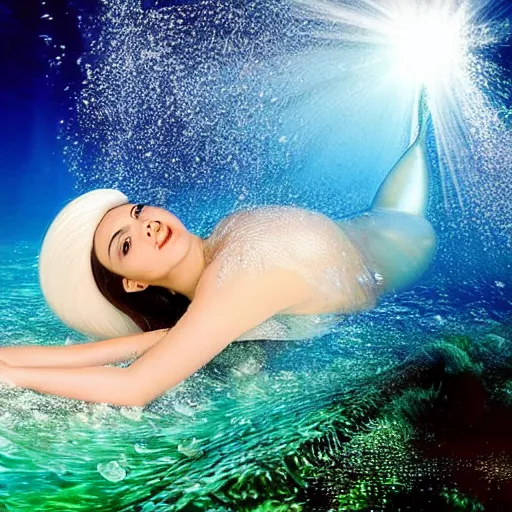 Image similar to marian rivera as mermaid breaking the surface of the water, underwater photography with light scattering and water refractions, smooth