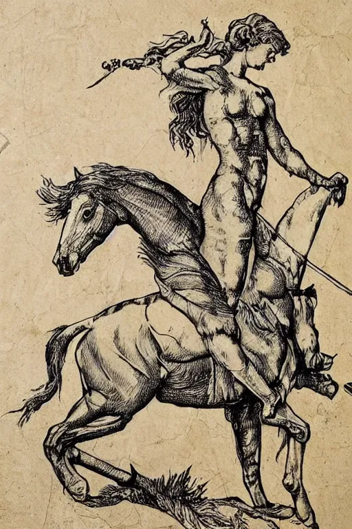 Prompt: “8k ink drawing of Diana huntress in thick forest, Horses in run, intricate in style of Michelangelo and Albrecht Durer, hand made paper”