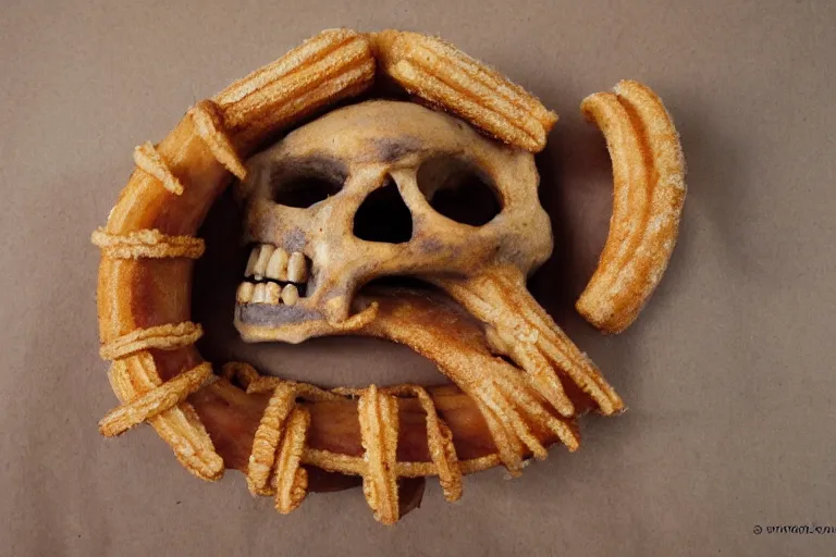 Prompt: aztec skull made of churros