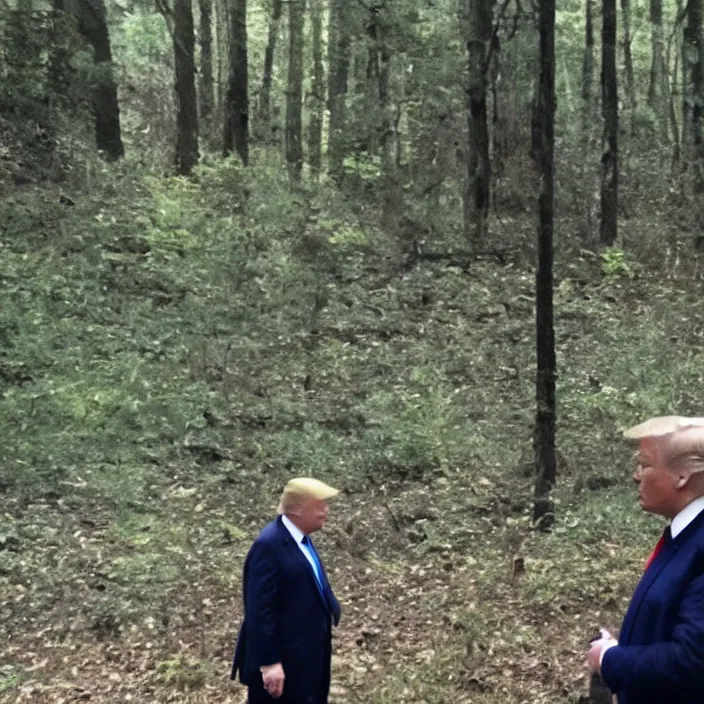 Image similar to A blurry ominous footage capture of Donald Trump in the woods talking to an alien