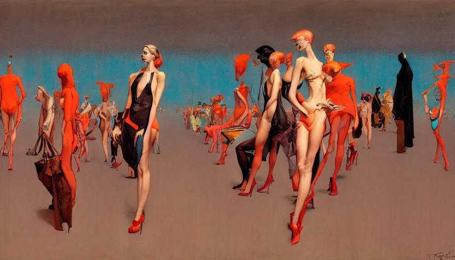 Prompt: channel runway show by francis bacon, beautiful, surreal, norman rockwell and james jean, greg hildebrandt, and mark brooks, triadic color scheme, by greg rutkowski, syd mead and edward hopper and norman rockwell and beksinski, lingerie, dark surrealism, orange and turquoise