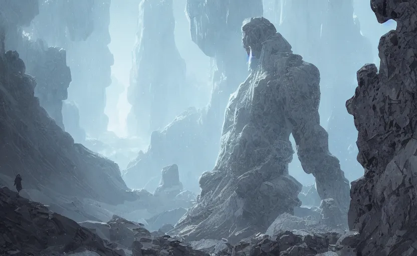 Image similar to a giant made from translucent crystals, high in the mountains, greg rutkowski, 8 k, shallow depth of field, intricate detail, concept art,