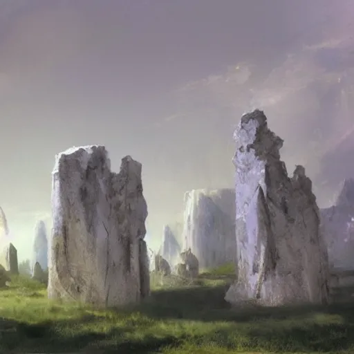Image similar to concept art by craig mullins of a small, white marble cliff in a meditereanian landscape, with stone henge on top