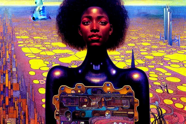 Prompt: realistic extremely detailed closeup portrait painting of a beautiful black woman in a dress with supercomputer robot, city street on background by Jean Delville, Amano, Yves Tanguy, Ilya Repin, Alphonse Mucha, William Holman Hunt, Ernst Haeckel, Edward Robert Hughes, Roger Dean, rich moody colours