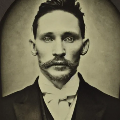 Image similar to early victorian headshot photograph of a mix between cillian murphy, tom hardy and tom hiddleston, very grainy, blurry, 1 8 4 0 s, 1 8 5 0 s, realistic face, rare