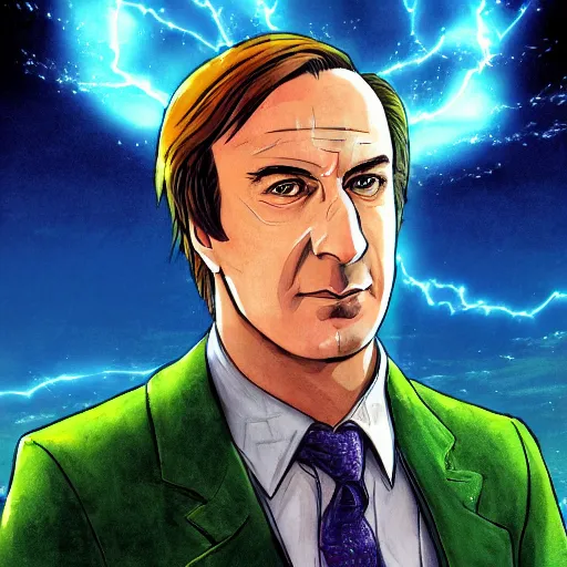 Image similar to portrait of saul goodman as the master of the green lightning, anime fantasy illustration by tomoyuki yamasaki, kyoto studio, madhouse, ufotable, trending on artstation