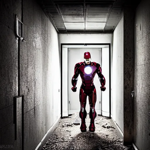 Image similar to ironman in a dark hallway of an abandoned asylum, 4 k, high detail, high - resolution photograph, professional photography, ultra - detail