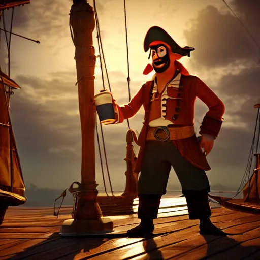 Prompt: a great pirate on his ship holding a cup of coffee. pixar style animation 3 d extremely gloomy lighting, shining light and shadow, atmospheric, cinematic, unreal engine, 8 k