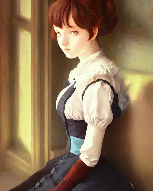 Image similar to a portrait of a victorian maid, victorian reading room, vivid colors, soft lighting, atmospheric, cinematic, moody, in the style of Ilya Kuvshinov and Range Murata, Krenz Cushart, oil on canvas, anime, 8K